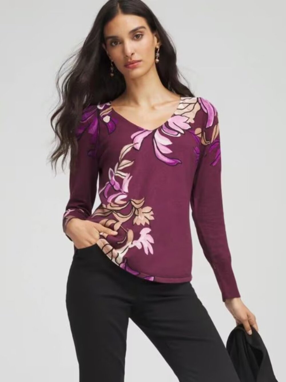 Chico's Ella V-Neck Artisanal Pullover Sweater Chianti Floral Plum Sz 2 (Large)
